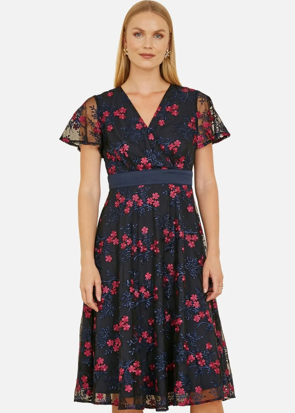 Dresses>Yumi Navy Embroidered Floral Mesh Wrap Midi Skater Dress