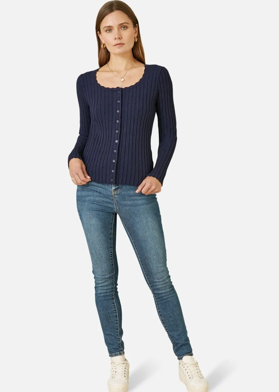 Tops>Yumi Navy Fitted Rib Button Up Cardigan