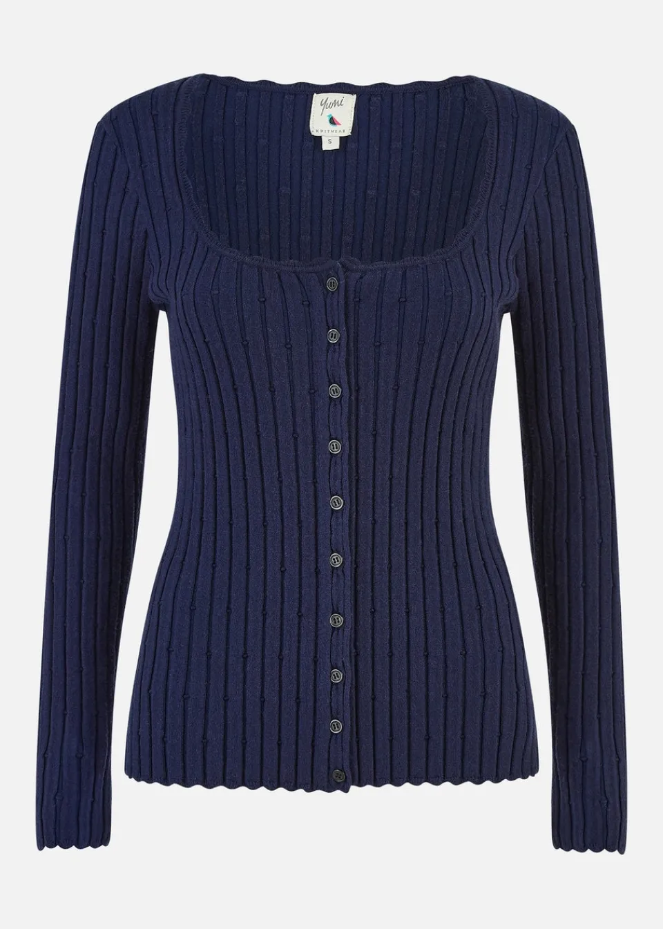 Tops>Yumi Navy Fitted Rib Button Up Cardigan