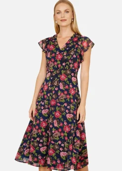 Dresses>Yumi Navy Floral Midi Skater Dress