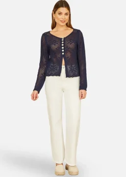 Tops>Yumi Flower Crochet Button Up Cardigan Navy