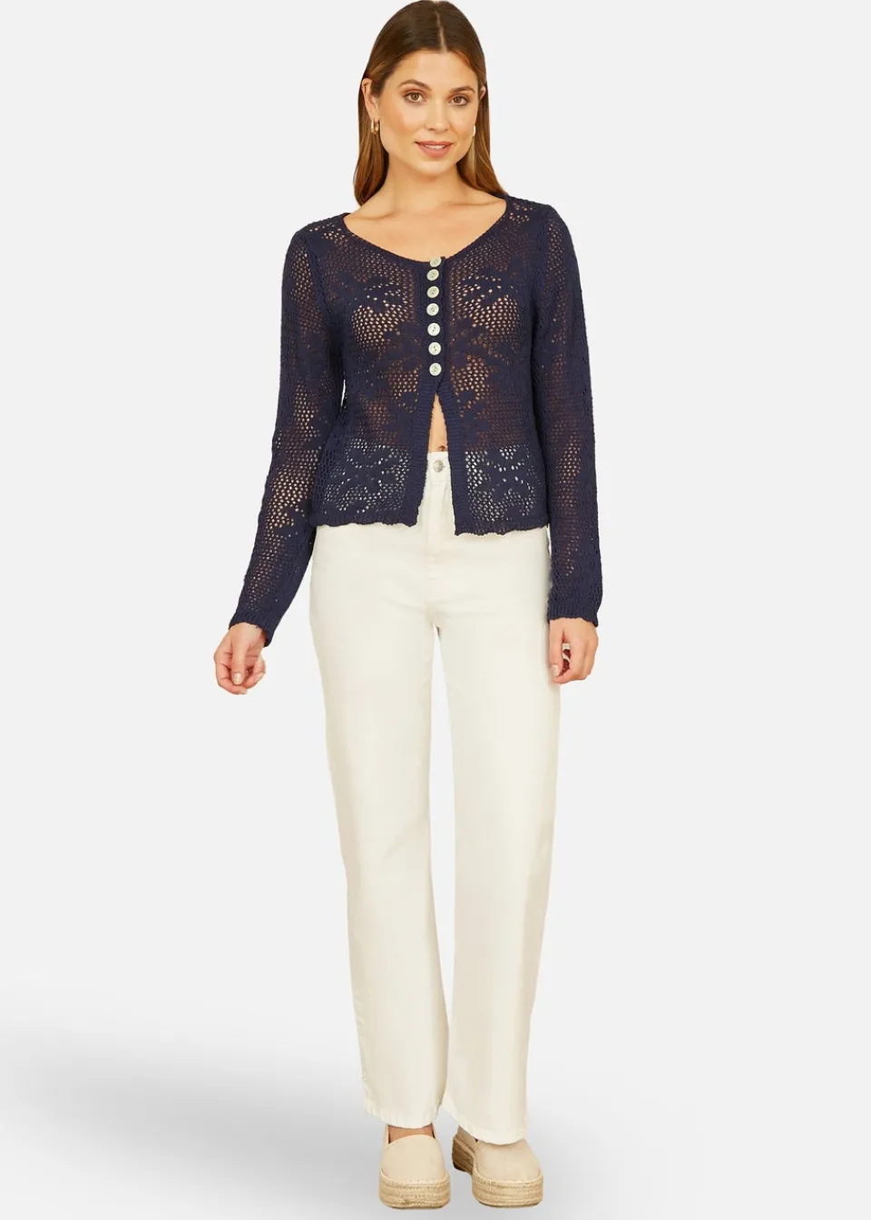 Tops>Yumi Flower Crochet Button Up Cardigan Navy