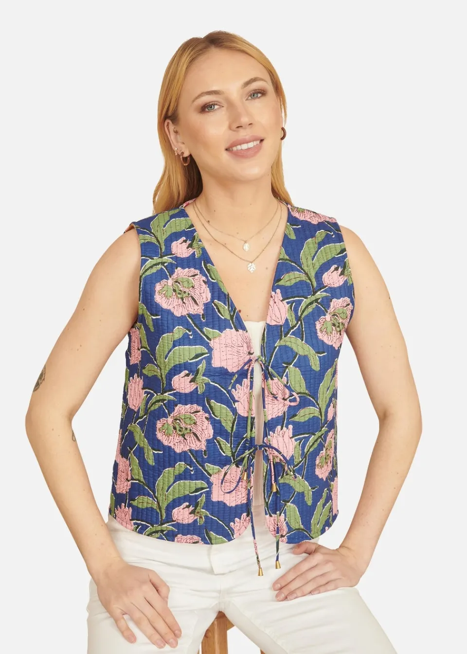 Tops>Yumi Navy Flower Reversible Cotton Quilted Waistcoat