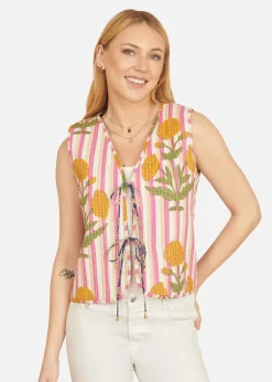 Tops>Yumi Navy Flower Reversible Cotton Quilted Waistcoat
