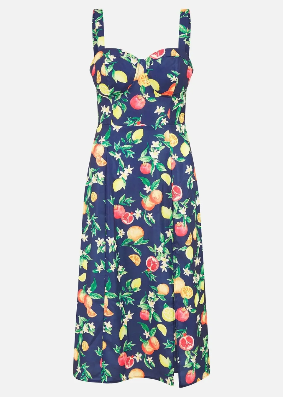 Dresses>Yumi Navy Fruit Print Strappy Sundress With Front Split