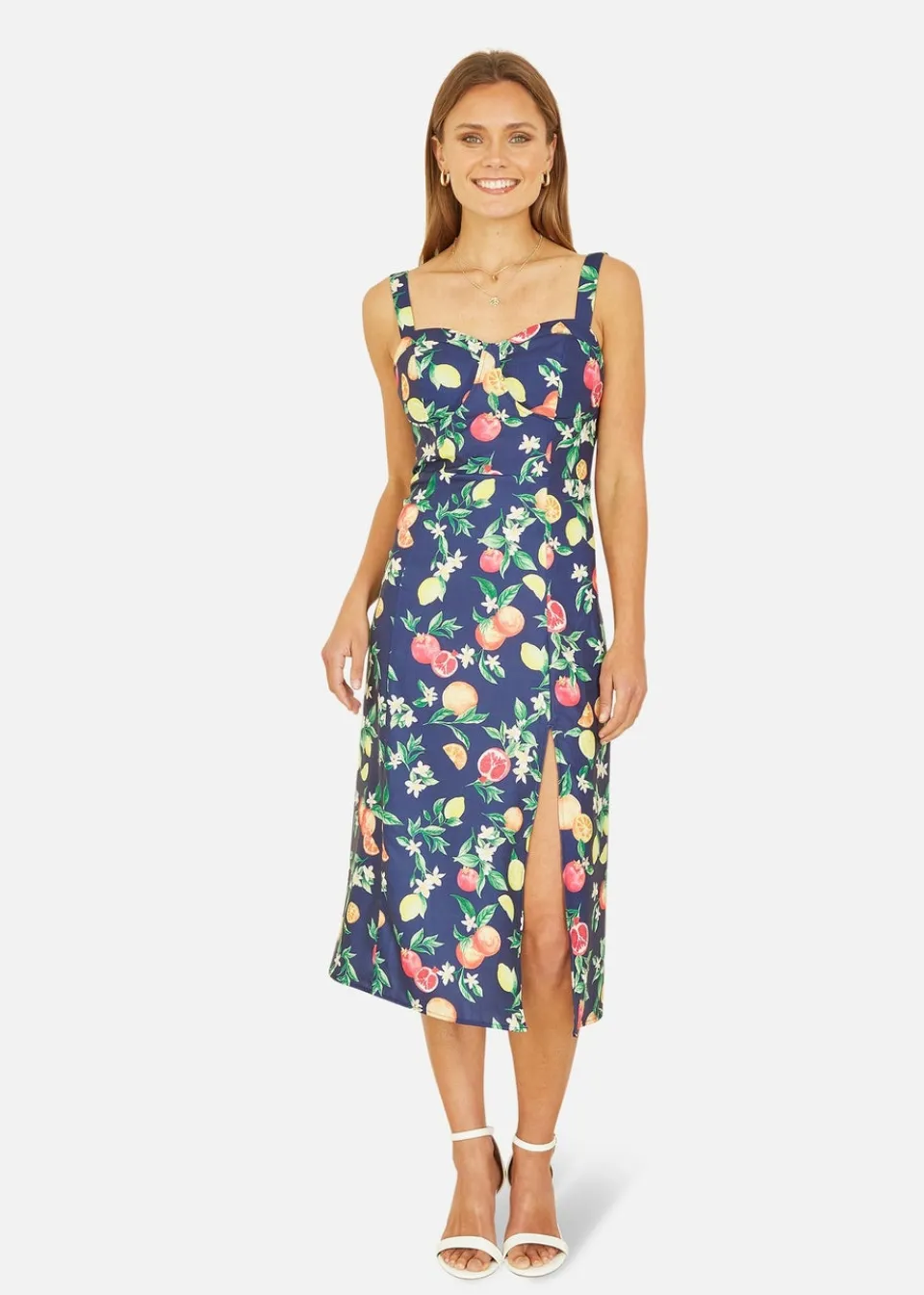 Dresses>Yumi Navy Fruit Print Strappy Sundress With Front Split