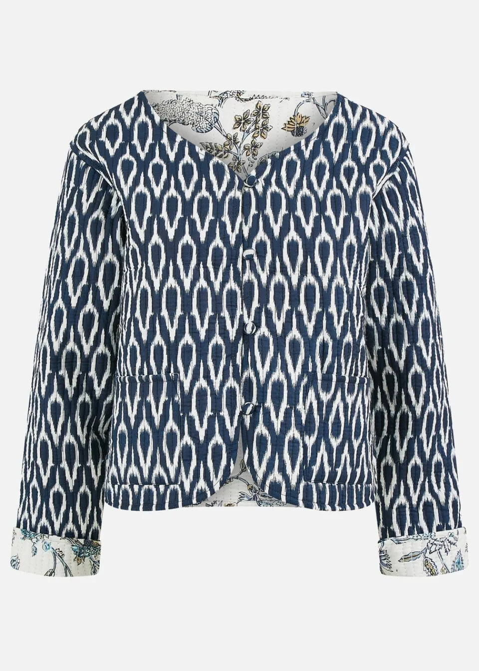 Coats & Jackets>Yumi Navy Ikat Reversible Cotton Quilted Jacket
