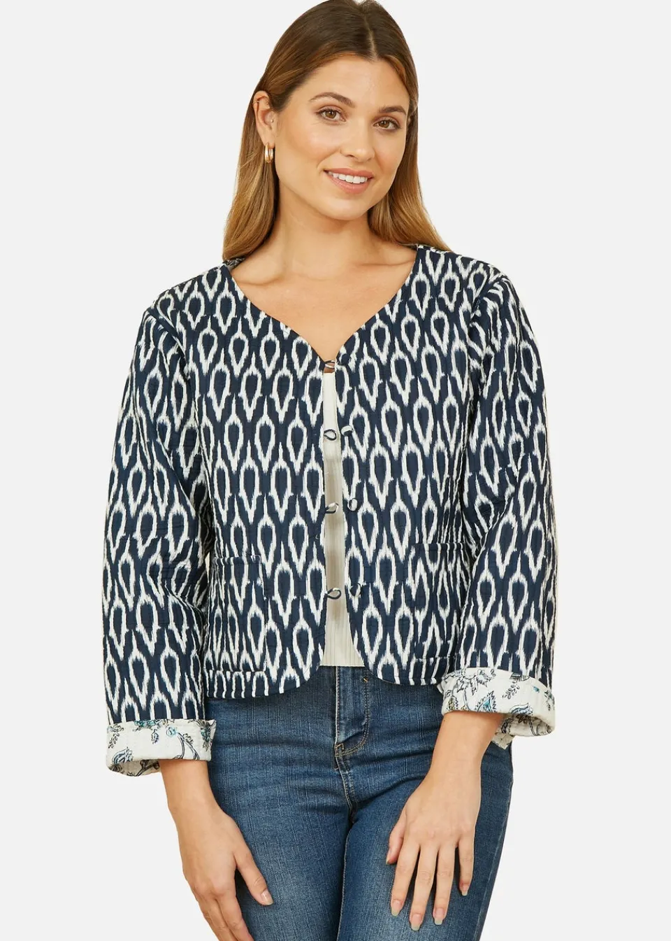 Coats & Jackets>Yumi Navy Ikat Reversible Cotton Quilted Jacket