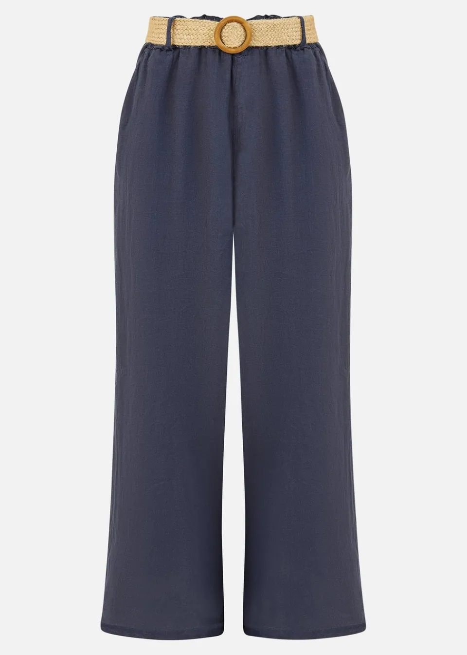 Trousers>Yumi Italian Linen Wide Leg Trousers With Belt Navy