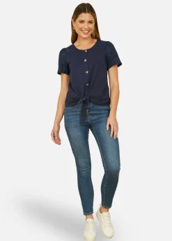 T-Shirts>Yumi Navy Jersey Button Detail T-Shirt With Broderie Anglaise Sleeves And Tie Front