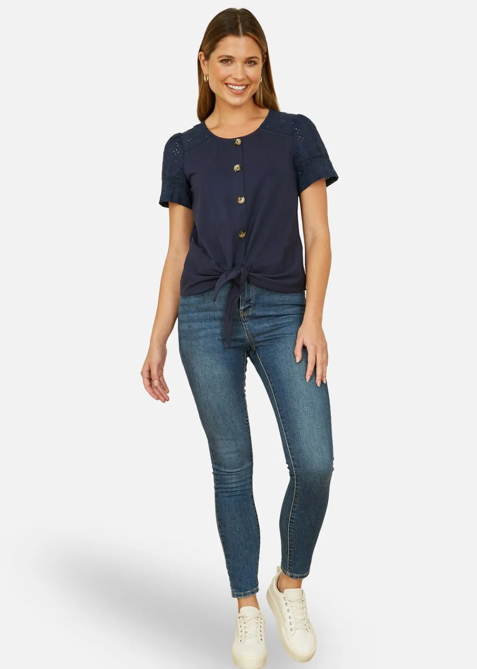 T-Shirts>Yumi Navy Jersey Button Detail T-Shirt With Broderie Anglaise Sleeves And Tie Front