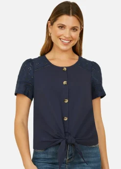 T-Shirts>Yumi Navy Jersey Button Detail T-Shirt With Broderie Anglaise Sleeves And Tie Front