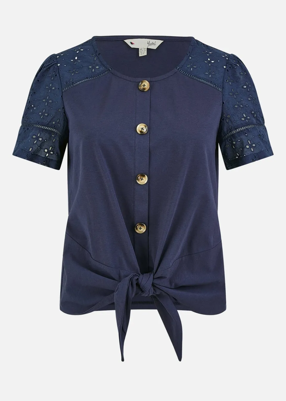 T-Shirts>Yumi Navy Jersey Button Detail T-Shirt With Broderie Anglaise Sleeves And Tie Front