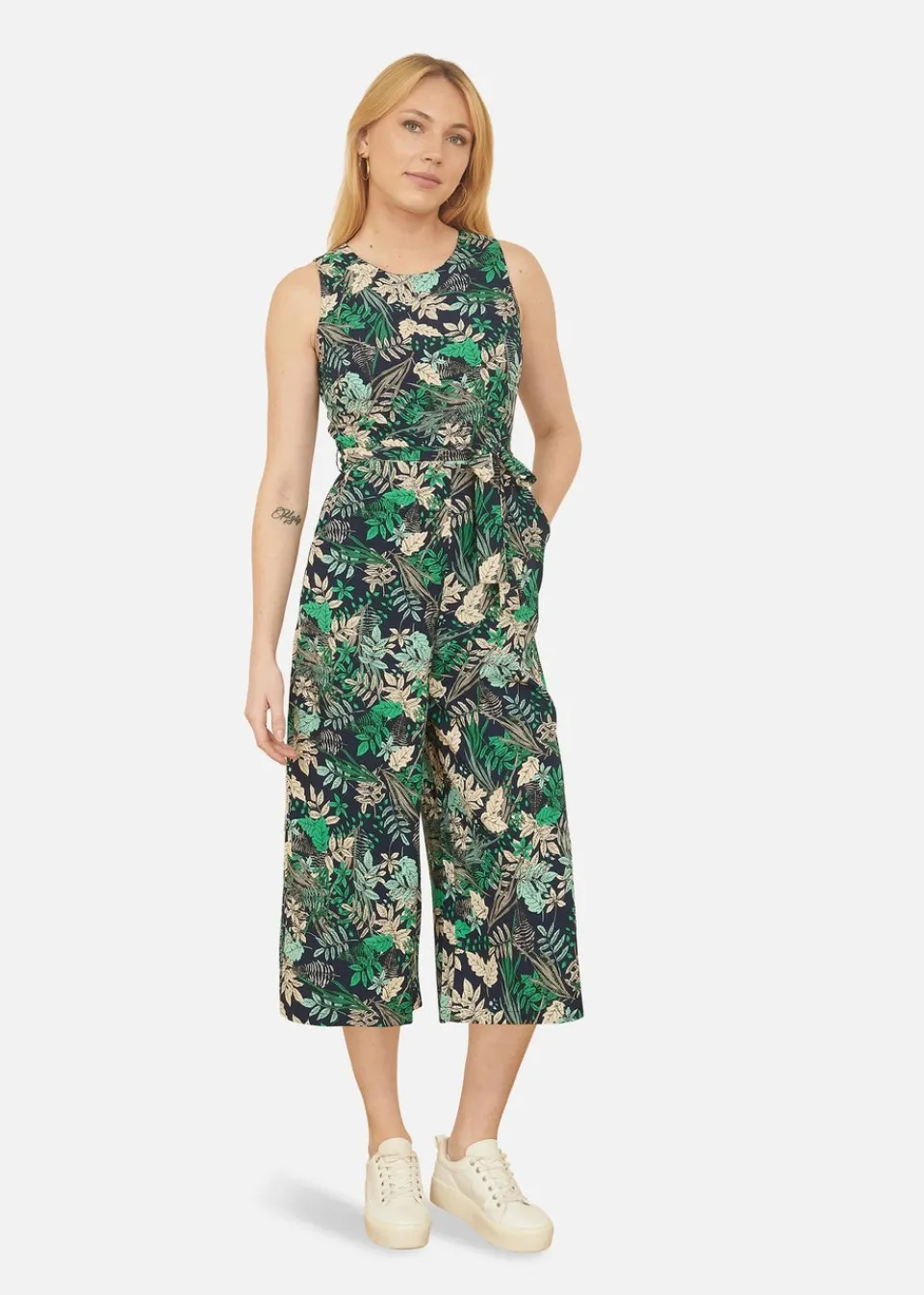 Jumpsuits & Playsuits>Yumi Navy Leaf Culotte Jumpsuit