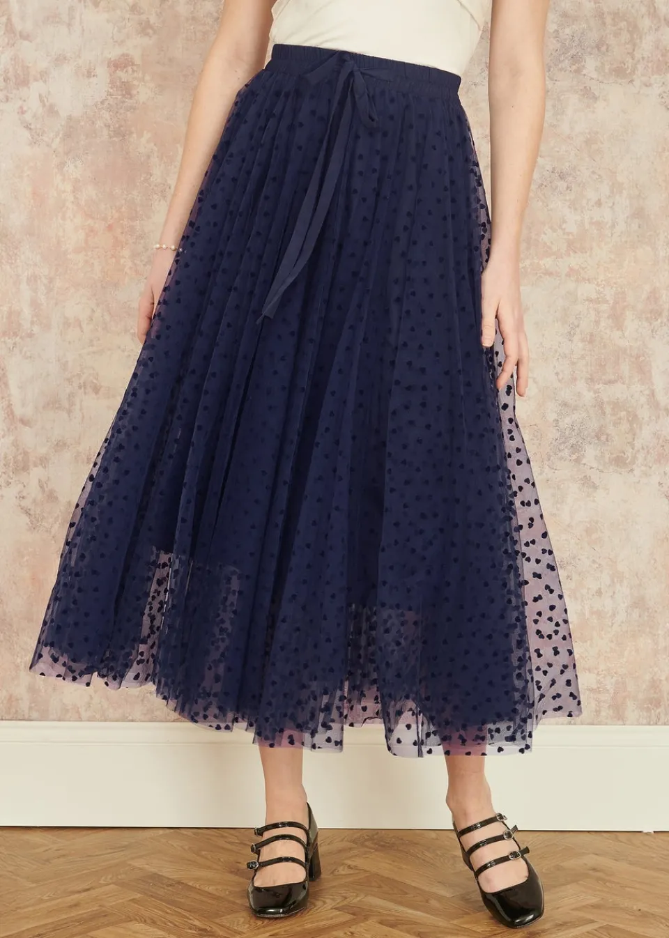 Skirts>Yumi Navy Mesh Heart Print Tulle Skirt