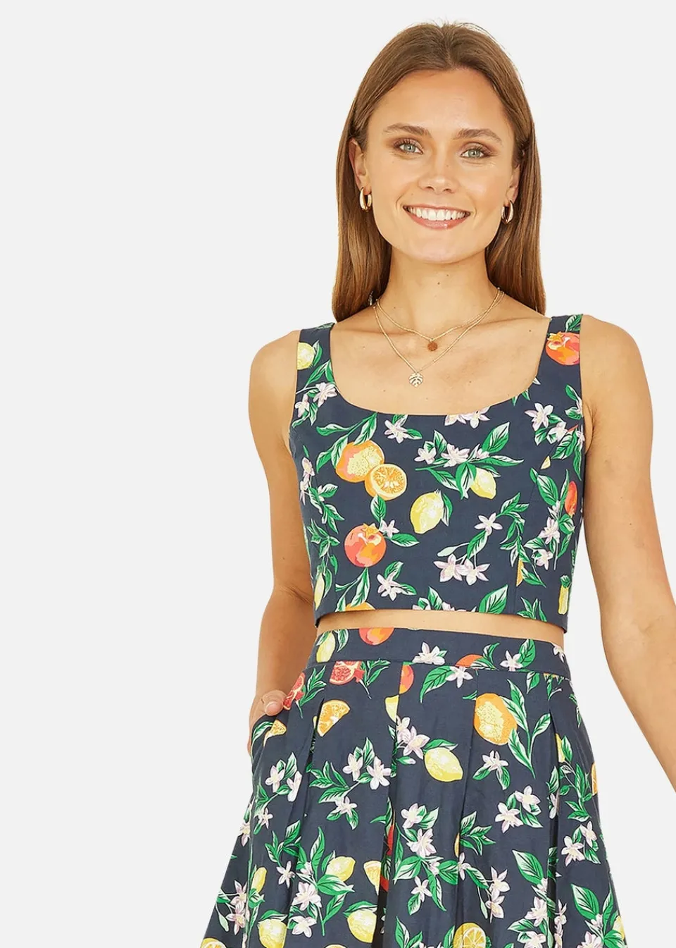Tops>Yumi Navy Organic Cotton Citrus Print Crop Top
