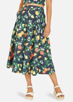 Skirts>Yumi Navy Organic Cotton Citrus Print Midi Skirt