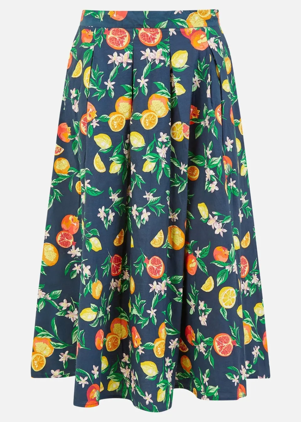 Skirts>Yumi Navy Organic Cotton Citrus Print Midi Skirt