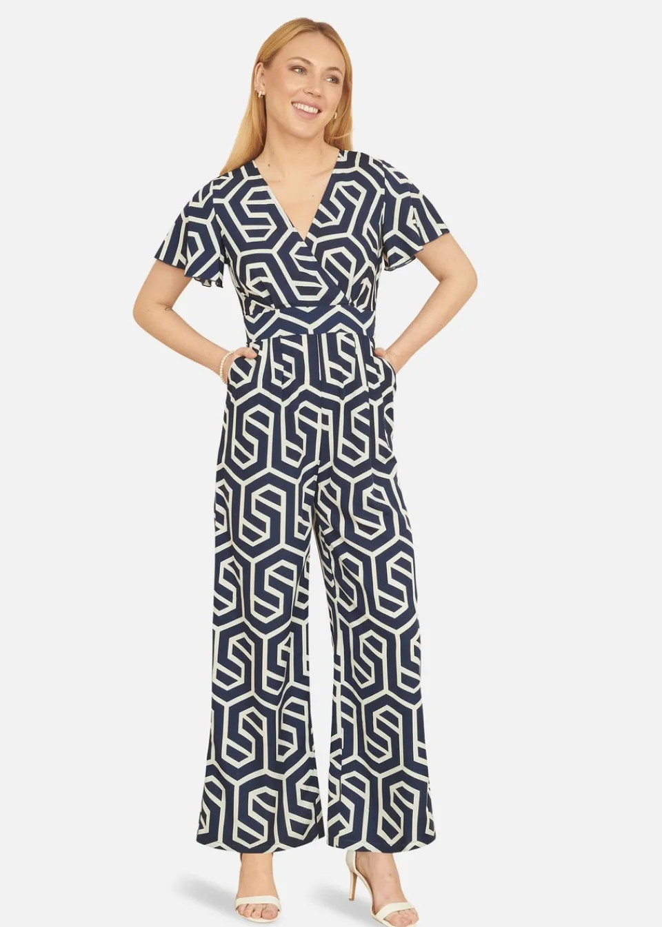 Jumpsuits & Playsuits>Yumi Navy Oversize Geo Print Jumpsuit