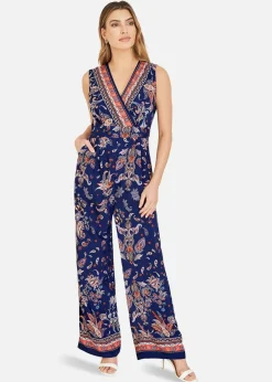 Jumpsuits & Playsuits>Yumi Navy Paisley Border Print Wrap Jumpsuit