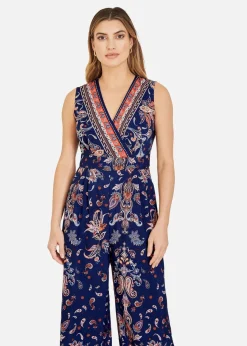 Jumpsuits & Playsuits>Yumi Navy Paisley Border Print Wrap Jumpsuit