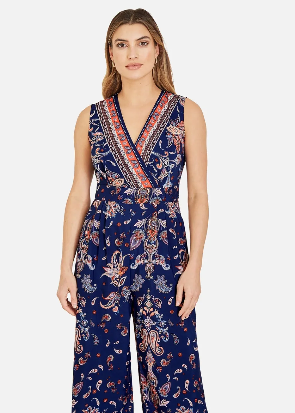Jumpsuits & Playsuits>Yumi Navy Paisley Border Print Wrap Jumpsuit