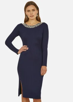 Knitwear>Yumi Navy Pearl Neckline Fitted Midi Knitted Dress