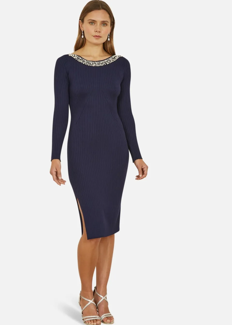 Knitwear>Yumi Navy Pearl Neckline Fitted Midi Knitted Dress