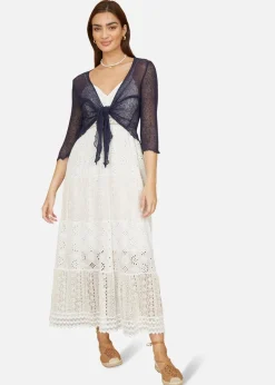 Knitwear>Yumi Navy Popcorn Yarn Tie Front Bolero