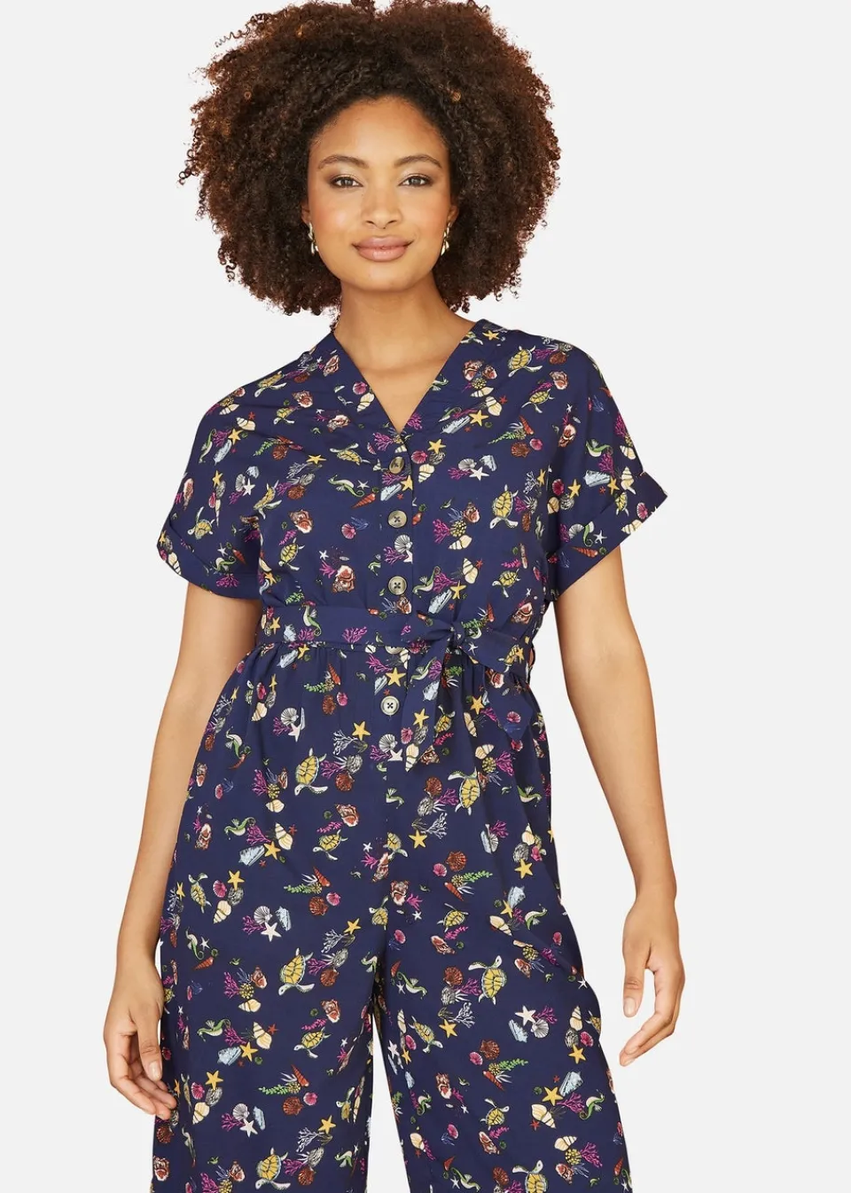 Jumpsuits & Playsuits>Yumi Navy Recycled Sealife Print Jumpsuit