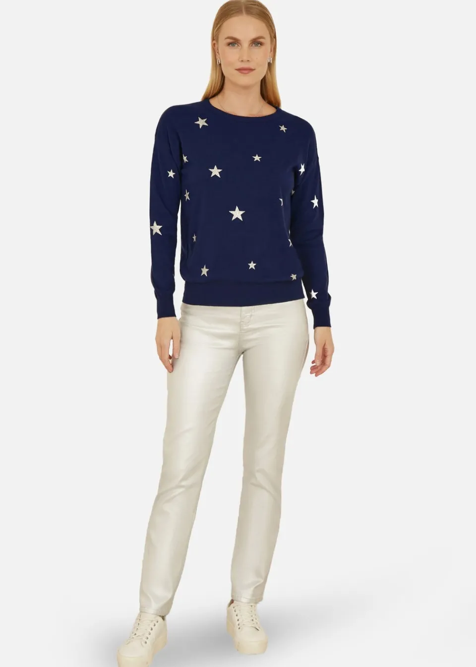 Tops>Yumi Navy Silver Foil Star Print Relaxed Fit Jumper