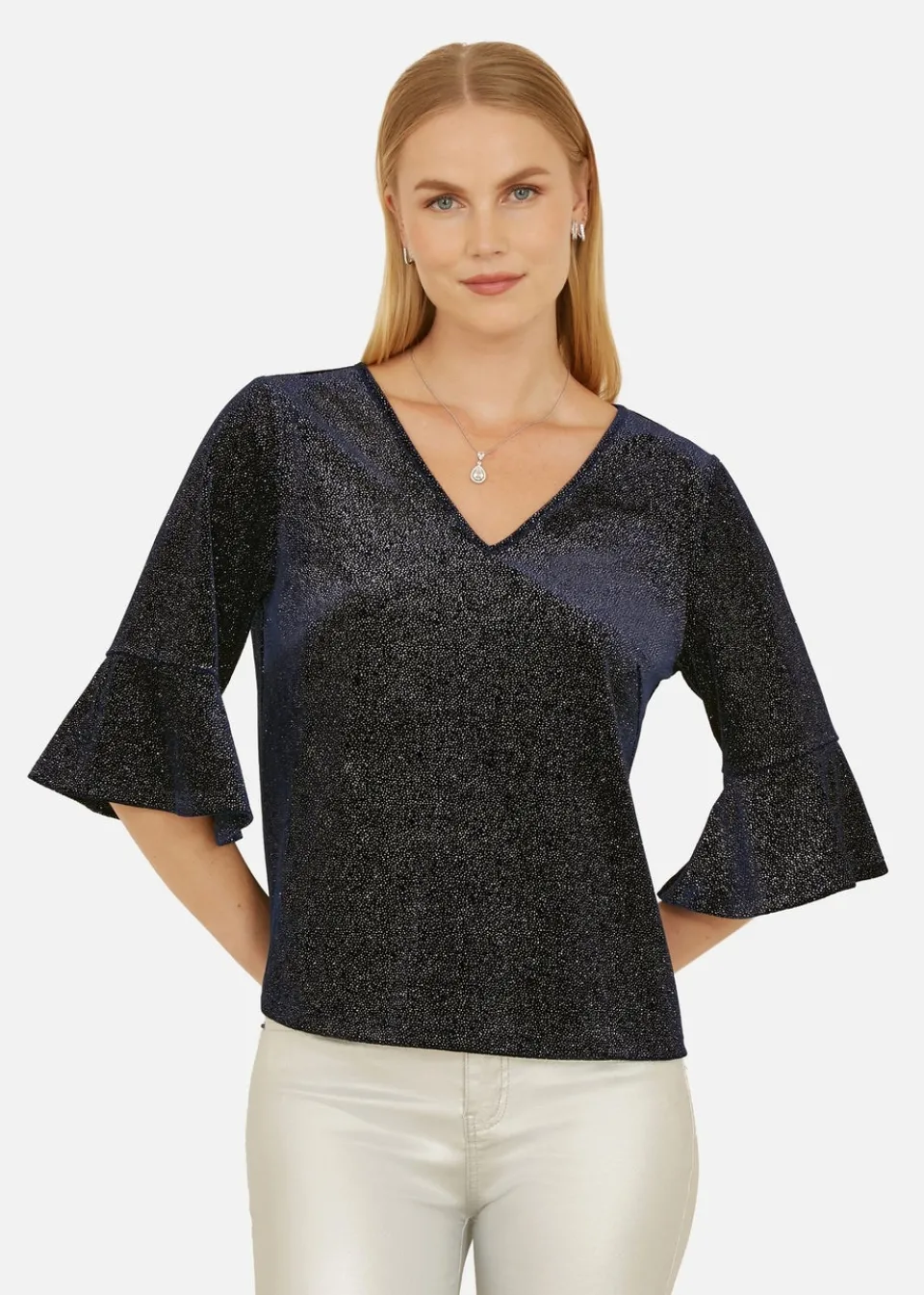 Tops>Yumi Navy Sparkle Velvet Relaxed Fit Top With Fluted Sleeves