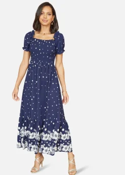 Dresses>Yumi Navy Spot & Floral Print Border Ruched Midi Dress