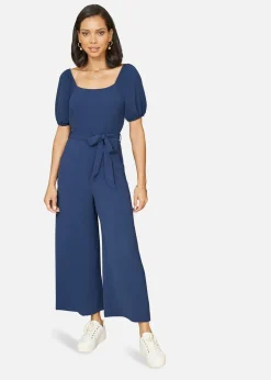 Jumpsuits & Playsuits>Yumi Navy Square Neck Puff Sleeve Culotte Jumpsuit