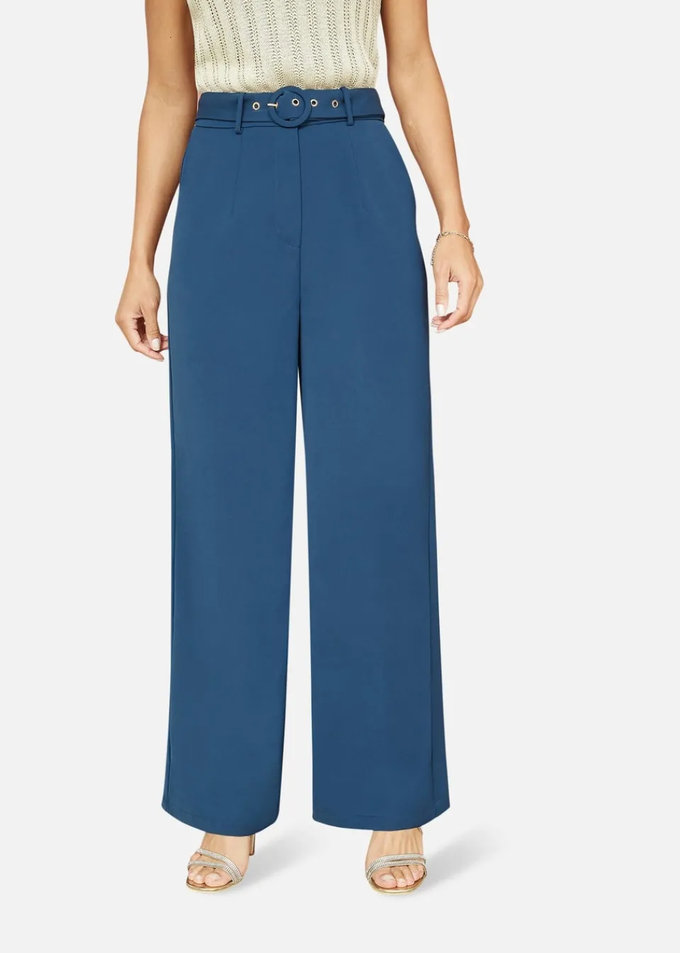 Trousers>Yumi Navy Straight Leg Crepe Trousers With Belt