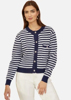 Tops>Yumi Navy Stripe Knit Relaxed Fit Cardigan