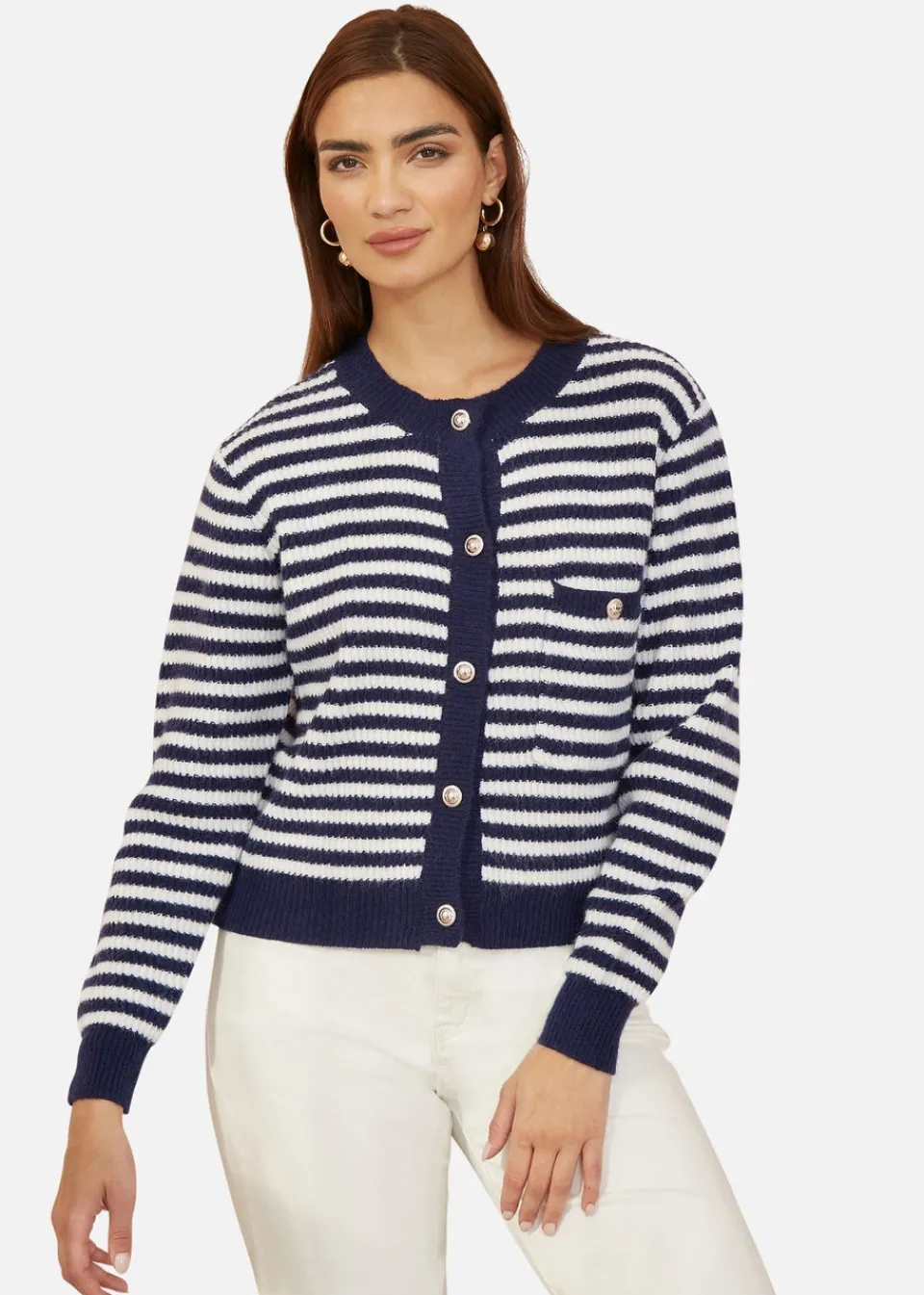 Tops>Yumi Navy Stripe Knit Relaxed Fit Cardigan