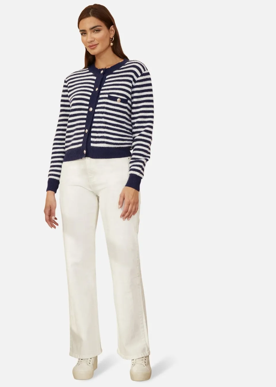 Tops>Yumi Navy Stripe Knit Relaxed Fit Cardigan