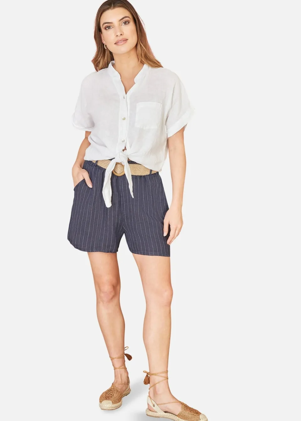 Shorts>Yumi Navy Striped Italian Linen Shorts With Belt