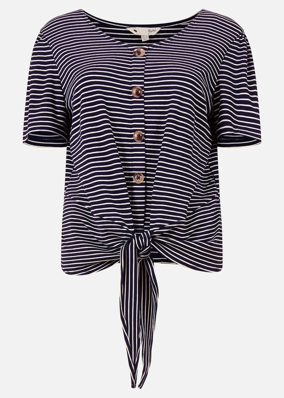Tops>Yumi Navy Striped Jersey Button Detail Top