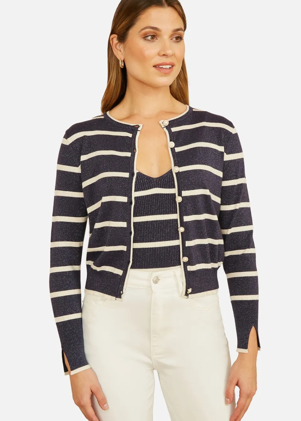 Knitwear>Yumi Navy Striped Sparkle Knitted Cardigan