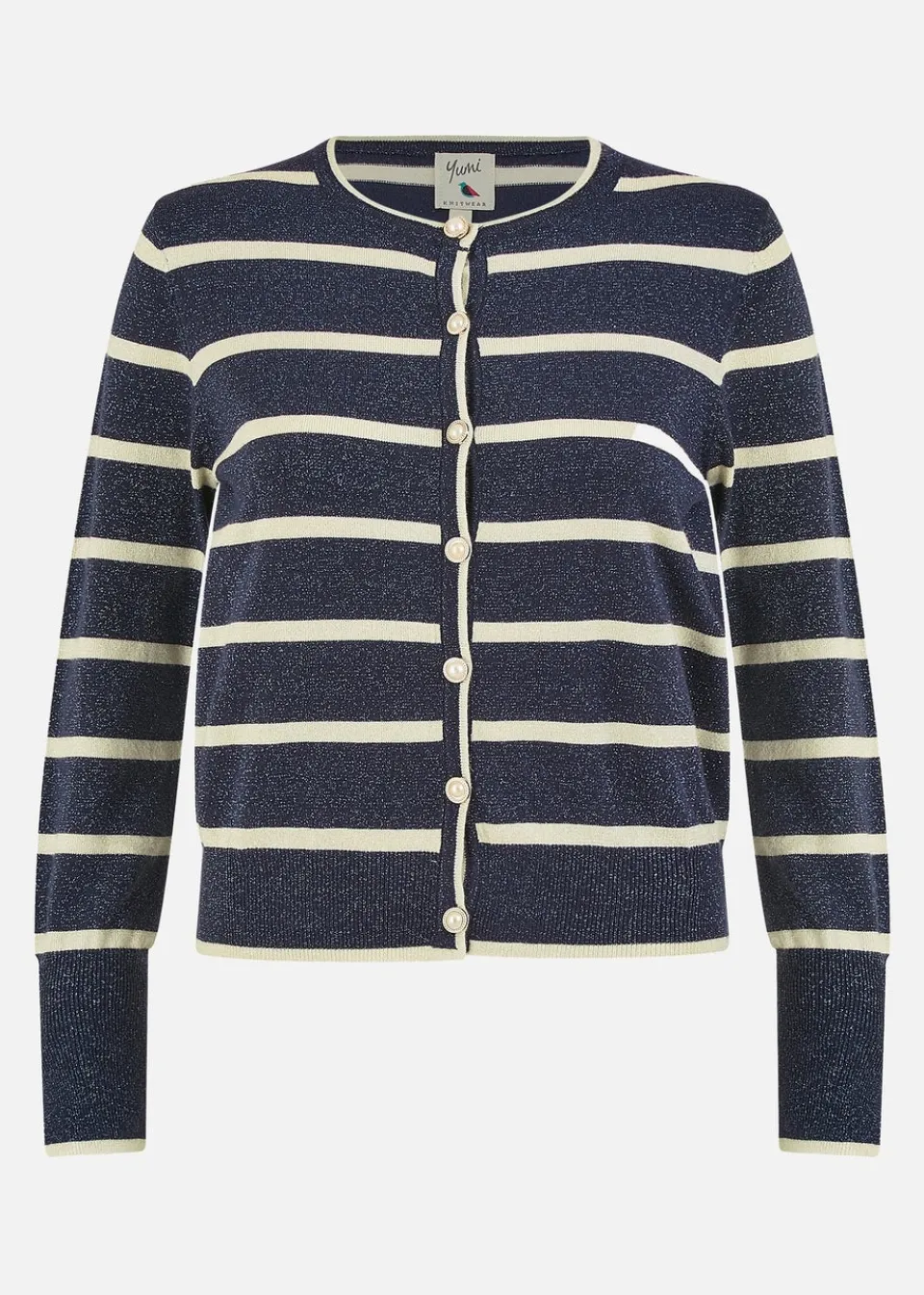 Knitwear>Yumi Navy Striped Sparkle Knitted Cardigan