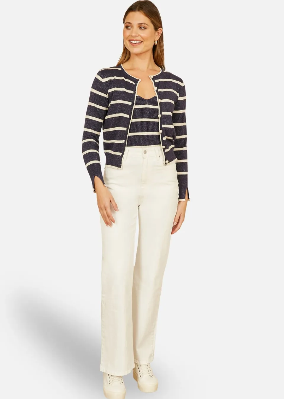 Knitwear>Yumi Navy Striped Sparkle Knitted Cardigan