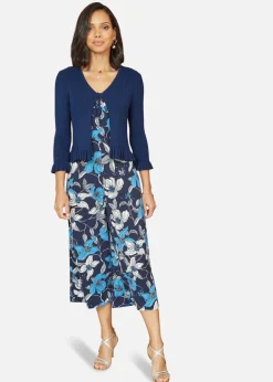 Knitwear>Yumi Navy Tie Up Ribbed Cardigan With Frill Hem