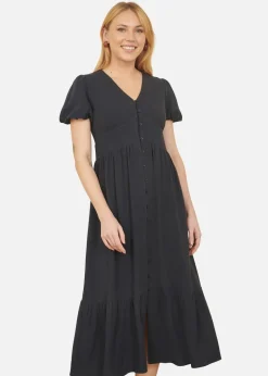Dresses>Yumi Navy Viscose Button Through Midi Dress