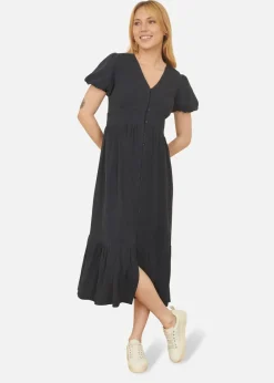 Dresses>Yumi Navy Viscose Button Through Midi Dress