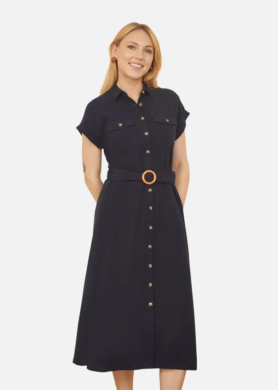 Dresses>Yumi Navy Viscose Linen Look Midi Shirt Dress With Wooden Belt