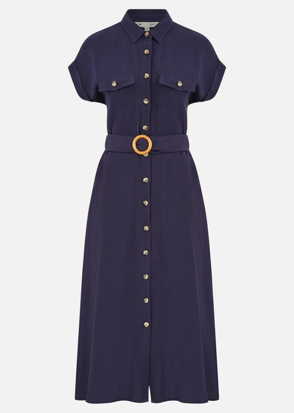 Dresses>Yumi Navy Viscose Linen Look Midi Shirt Dress With Wooden Belt