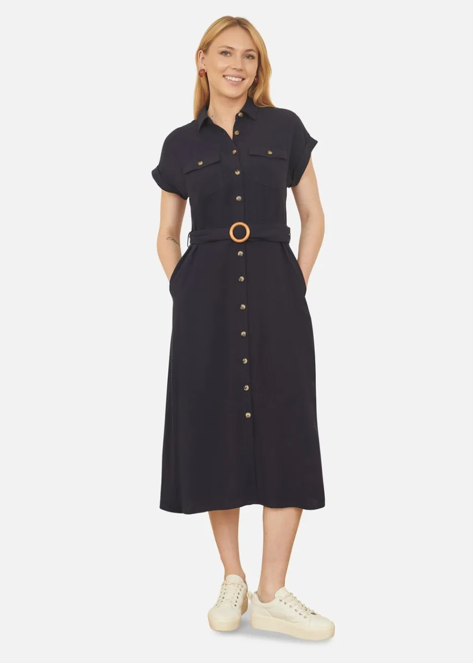 Dresses>Yumi Navy Viscose Linen Look Midi Shirt Dress With Wooden Belt