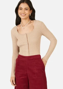 Tops>Yumi Oatmeal Fitted Rib Button Up Cardigan